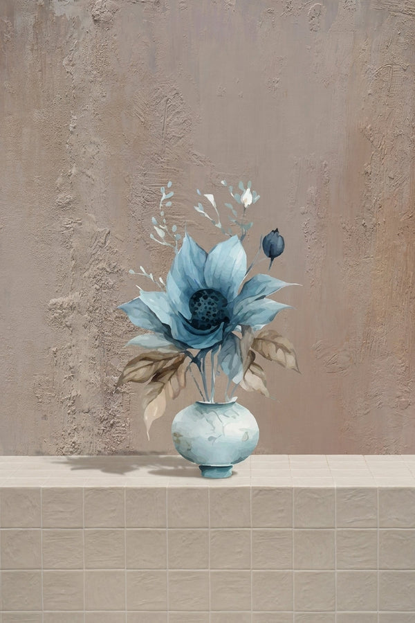 The Petite Bloom - AED 500/week - muted teal anemone with taupe leaves and delicate sprigs in a light teal ceramic vase by Amicis