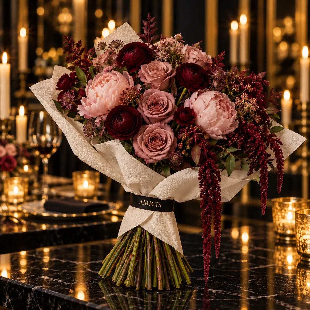 Hand-tied Amicis bouquet wrapped and ready for delivery in Dubai